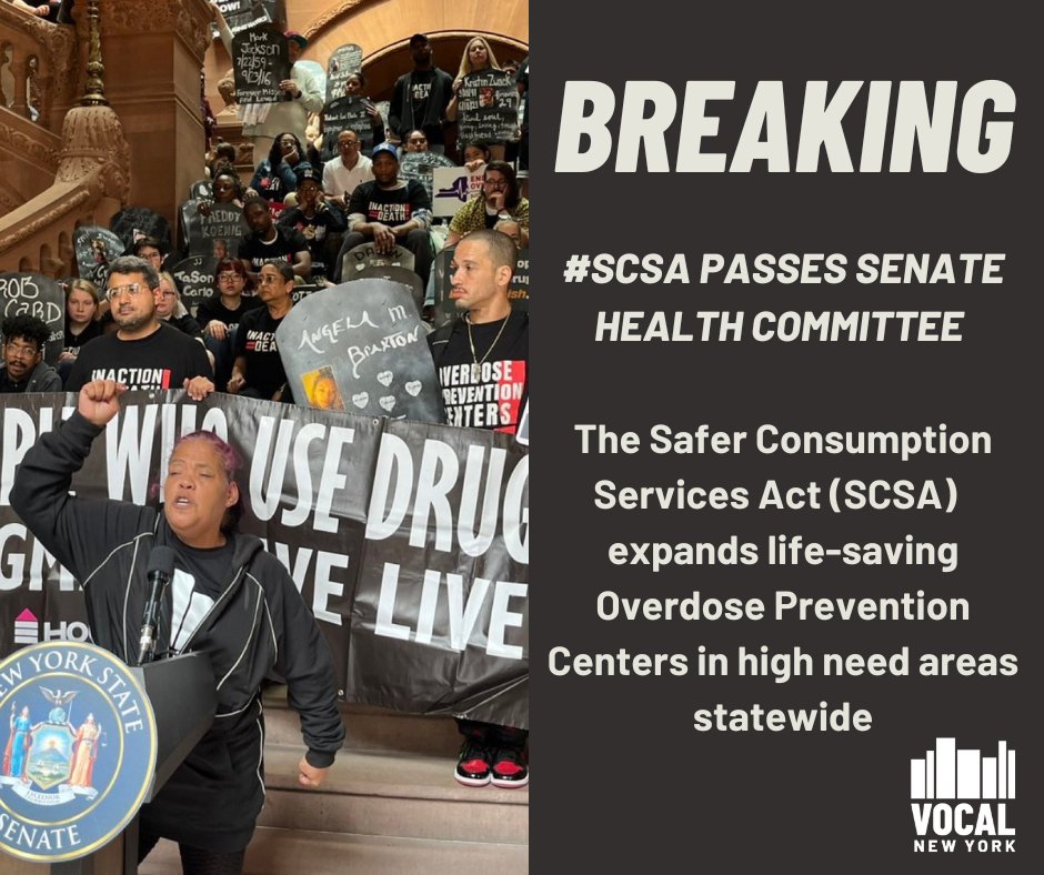 VOCALNewYork's tweet photo. BREAKING: @NYSenDems passed #SCSA out of the Senate Health Committee!

We're deeply thankful to @NYSenatorRivera’s relentless leadership on the overdose crisis &amp; educating people on life-saving OPCs at every turn!

Thank you @AndreaSCousins for prioritizing this crisis. https://t.co/Cd0c2FRUD2
