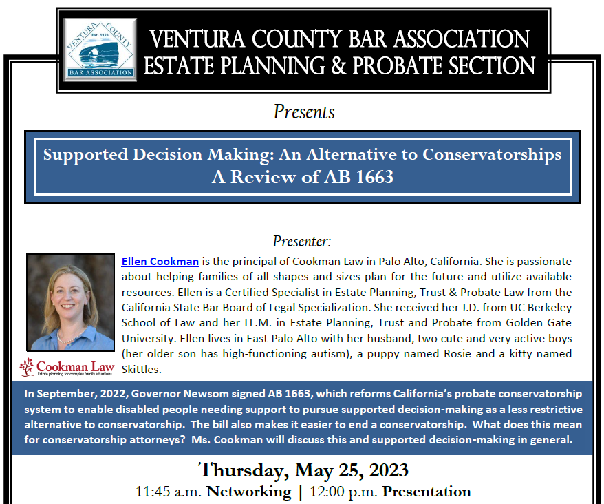 VCBA1's tweet photo. The VCBA EPP Section is hosting a virtual MCLE this Thur. 5/25 at noon titled, “Supported Decision Making: An Alternative to Conservatorships A Review of AB 1663”. Hope you can join us. Ways to register: (805) 650-7599, vcba@vcba.org and VCBA Calendar https://t.co/R1RywD9Z6t https://t.co/pFlLIJq1zt