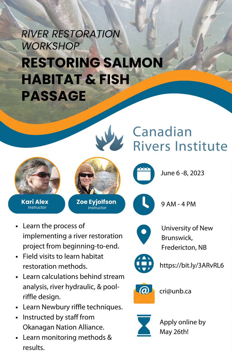 Did you hear? The deadline to apply for the CRI River Restoration course has been extended until Friday May 26th! Learn more & apply online at bit.ly/3ARvRL6.