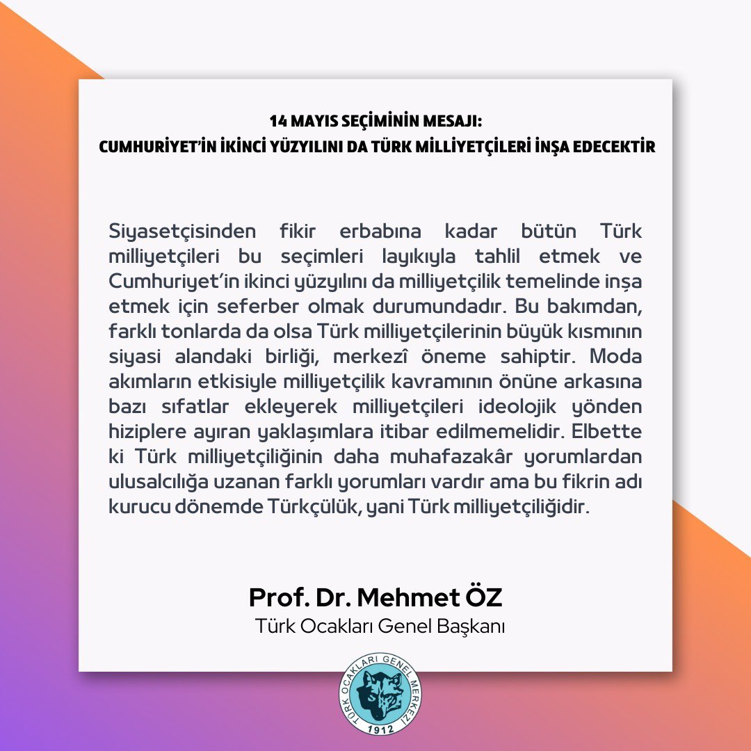 ❗️Siyasetçisinden fikir erbabına kadar bütün Türk milliyetçileri bu seçimleri layıkıyla tahlil etmek ve Cumhuriyet’in ikinci yüzyılını da milliyetçilik temelinde inşa etmek için seferber olmak durumundadır. 

Bu bakımdan, farklı tonlarda da olsa Türk milliyetçilerinin büyük