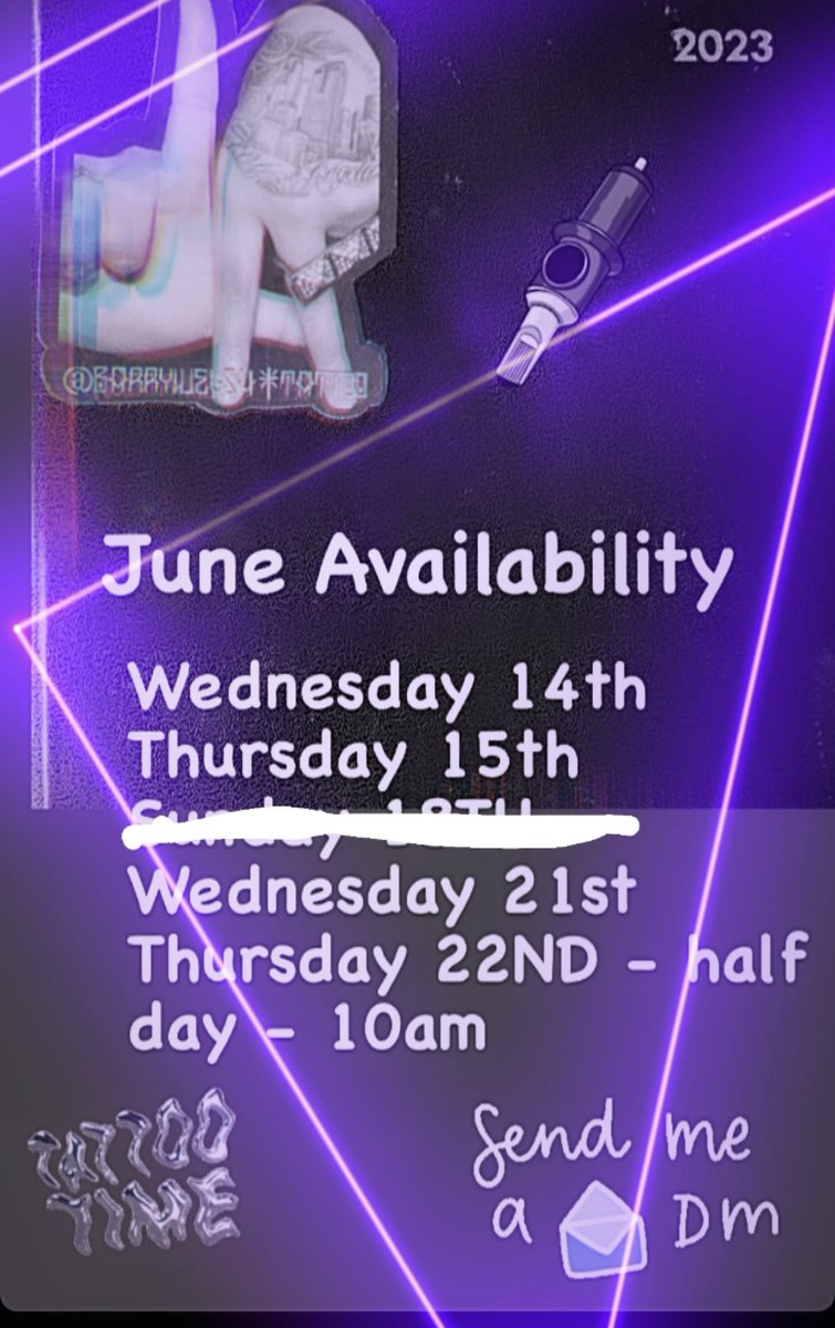 Hi folks! 

Here are a few dates that have become available in June! 

Give me a message if you would like to snap up any of these days!

New appointments only - no rescheduling 

#tattoo

#glasgowtattoo