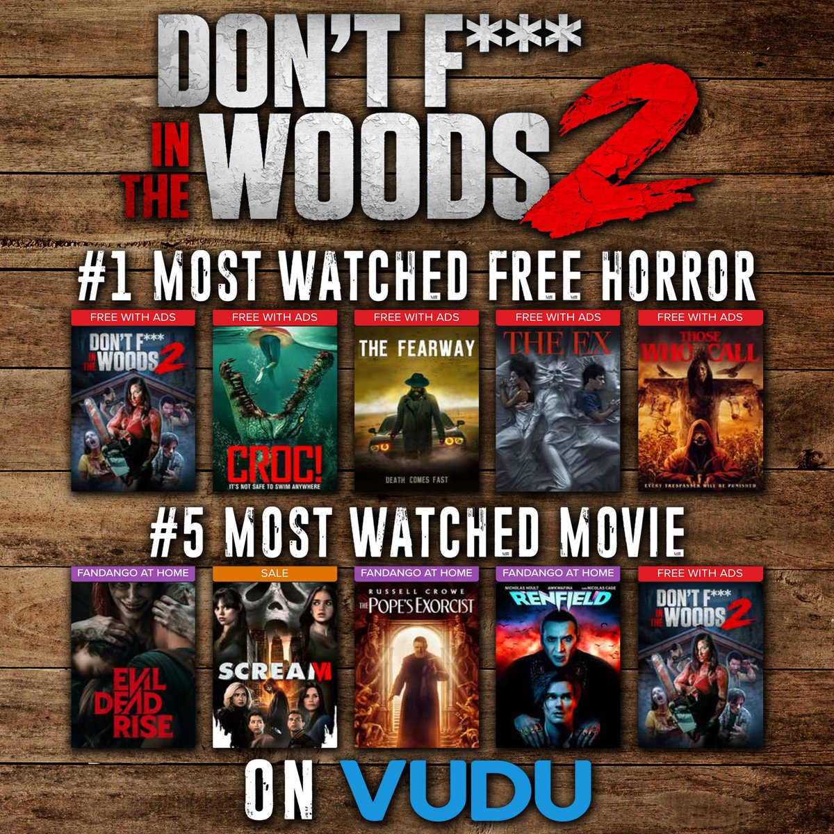 smburkett's tweet photo. Don’t F*** In The Woods 2 is climbing the Vudu charts!!!! Go stream it for FREE! #dfitw2 #dontfuckinthewoods #conceptmediafilms #risingfirefilms #taintbadproductions #wildeyereleasing #vudu https://t.co/jN6tSTxV65