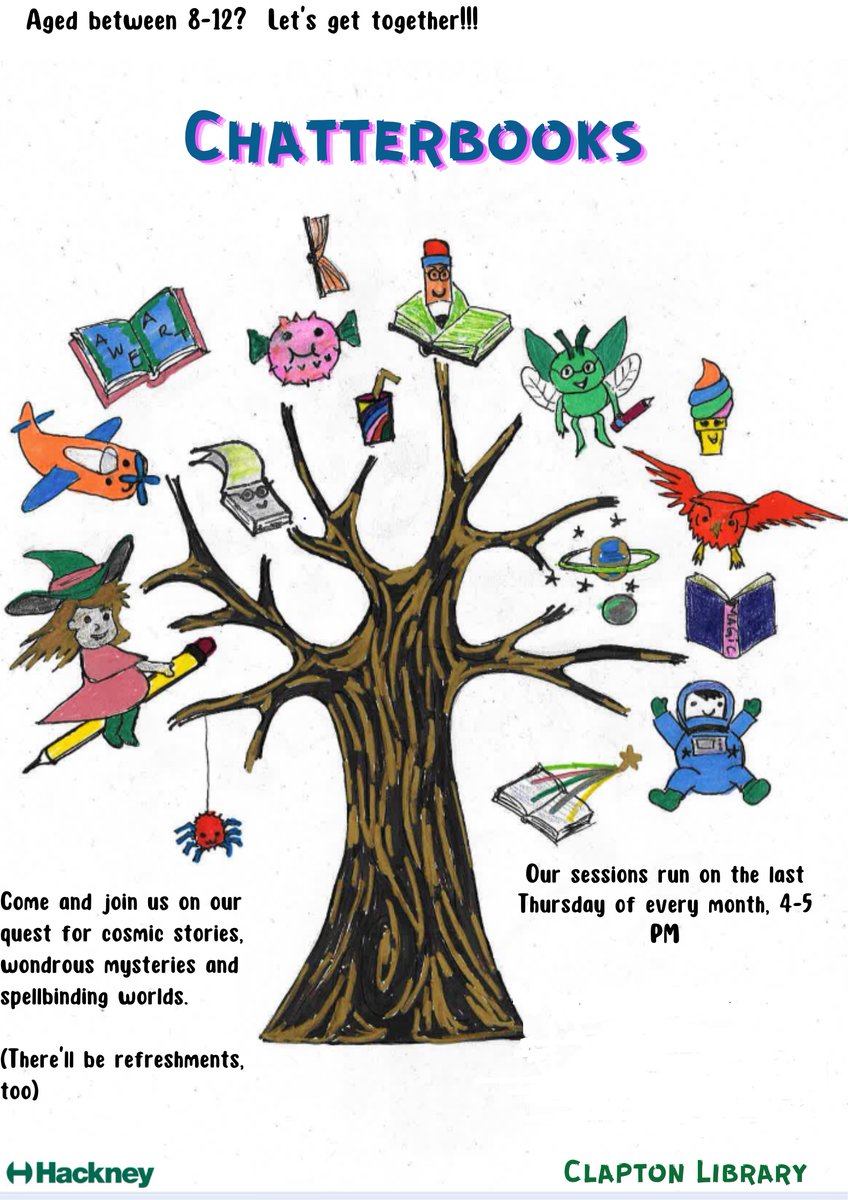 hackneylibs's tweet image. This Thursday is Chatterbooks day at #ClaptonLibrary.    Join us for our informal reading group for 8-12 year-olds at 4 O&apos;clock on Thursday 25th May.  #Chatterbooks    #LibraryFun   (Phone 0208 356 7480 for more information)