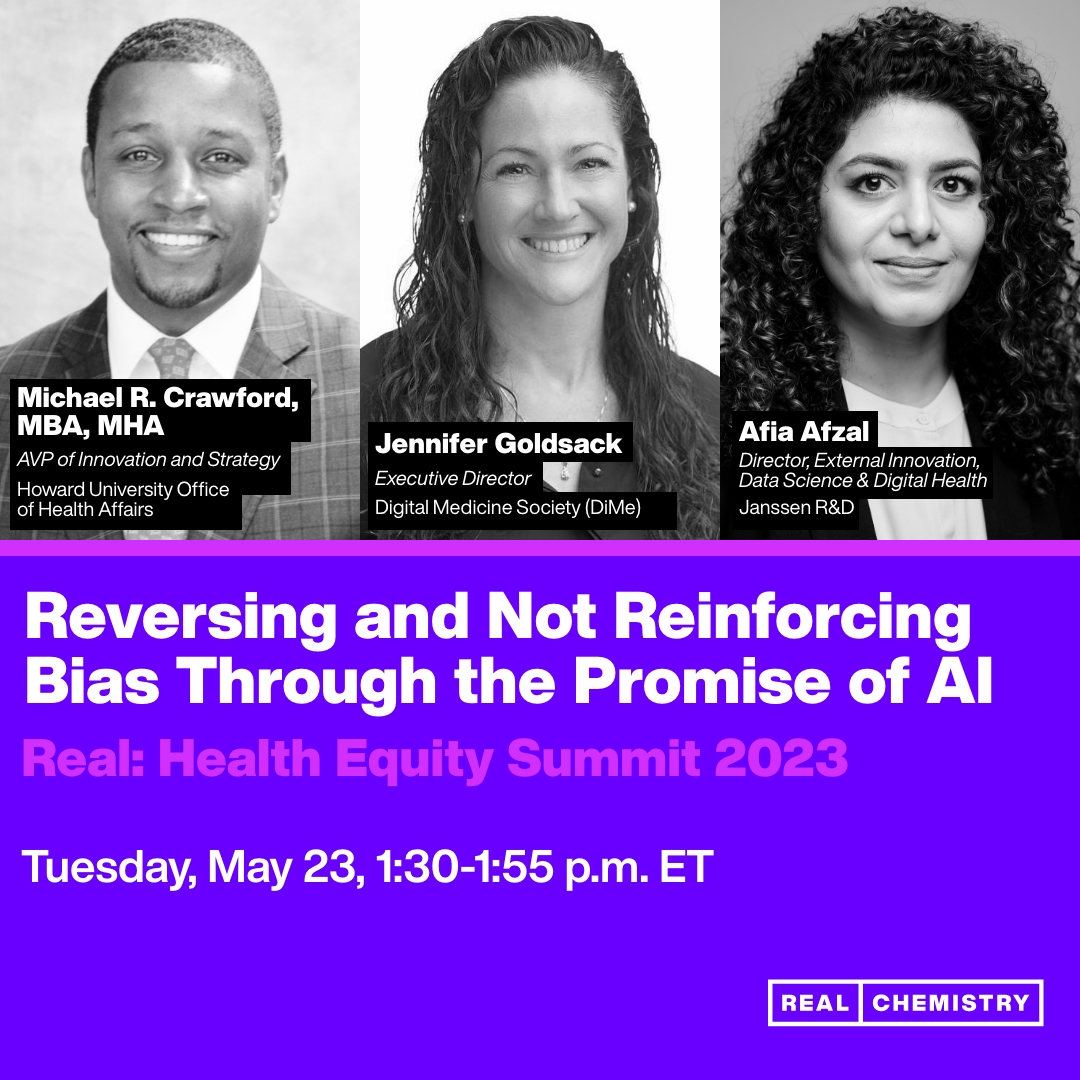 How do we leverage the promise of AI and the power of digital medicine to improve access for all patients? Our client, Afia Afzal (@JanssenGlobal), @MRC24 (@HowardU), @goldsackjen (@_DiMeSociety) discuss next at #RealChemRHE with an intro from our own Jari Rouas.