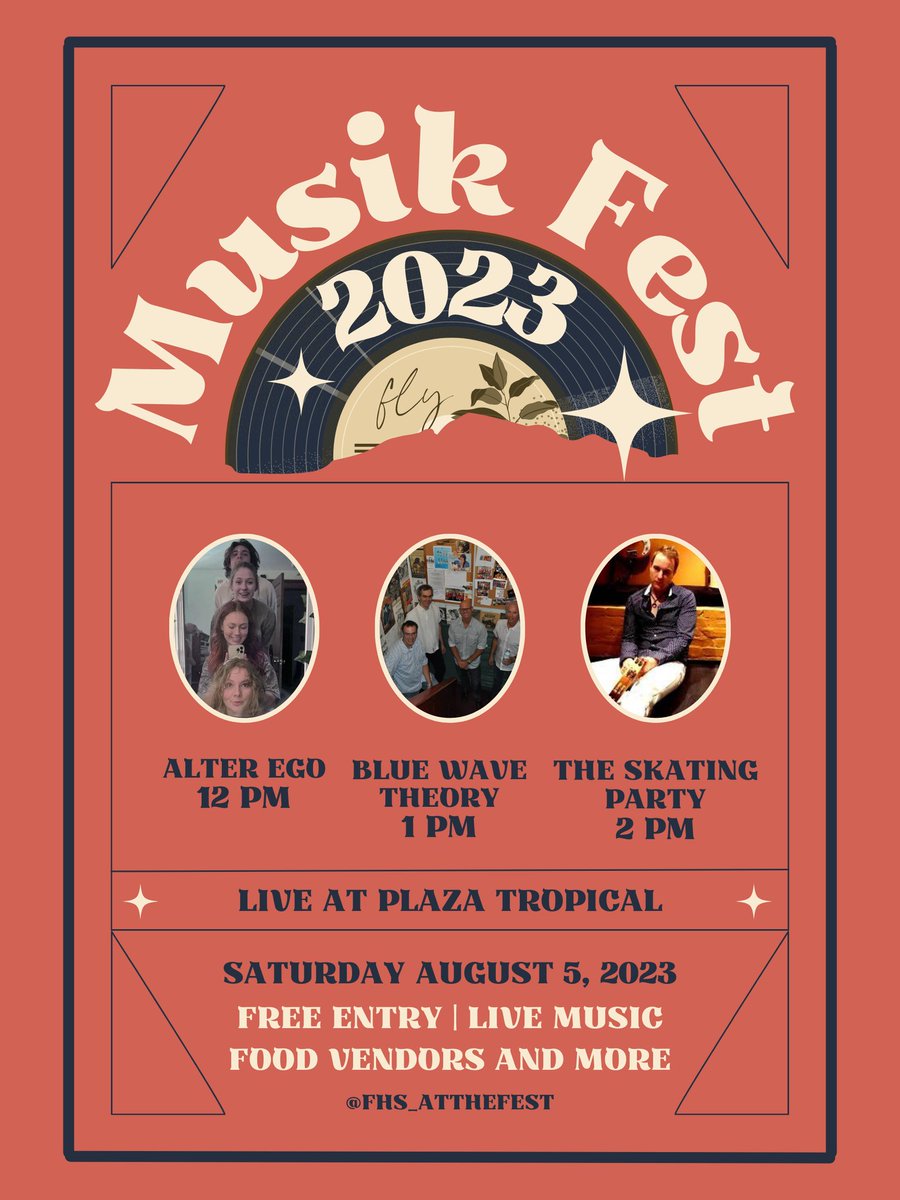 Mark down your calendars 🗓️. Hear some great music this year at Musikfest 🎶. August 5th at 12pm is Alter Ego, 1pm is <a href="/bluewavetheory/">Blue Wave Theory</a>, and finally 2pm is <a href="/theSkatingParty/">theSkatingParty</a>. Hope to see you there 🩵🧡 #musikfest #summer #2023 #freedomhighschool #basd #thingstodo