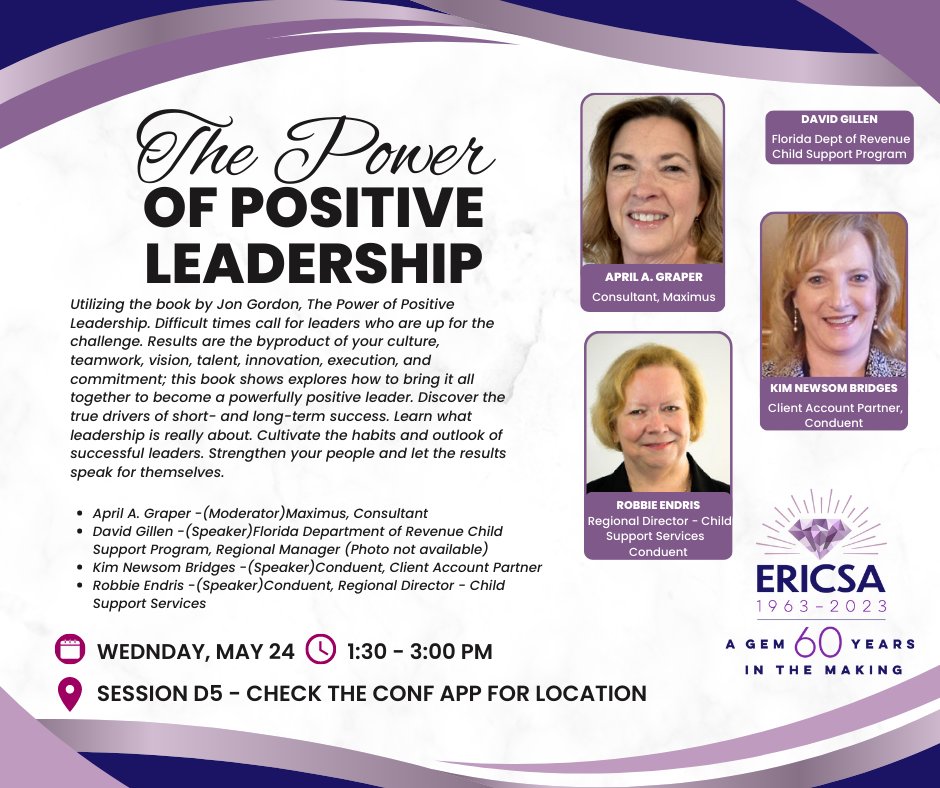 Difficult times call for leaders who are up for the challenge. Are you a Positive Leader? Want to learn about positive leadership and what makes a successful leader? If the answer is Yes, then this session is for you! Join Session D5 Wednesday, 5/24 @ 1:30pm #ERICSA60th