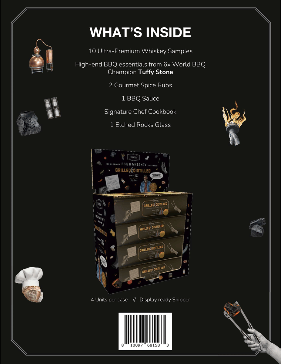🔥 Elevate your BBQ game with The Ultimate BBQ Tasting Set! 🌟🍗🥃 ✨ 10 Whiskey Samples ✨ High-end BBQ essentials by World BBQ Champion Tuffy Stone ✨ 2 Gourmet Spice Rubs ✨ 1 BBQ Sauce ✨ Signature Chef Cookbook ✨ 1 Etched Rocks Glass #GrilledAndDistilled #BBQ #Whiskey