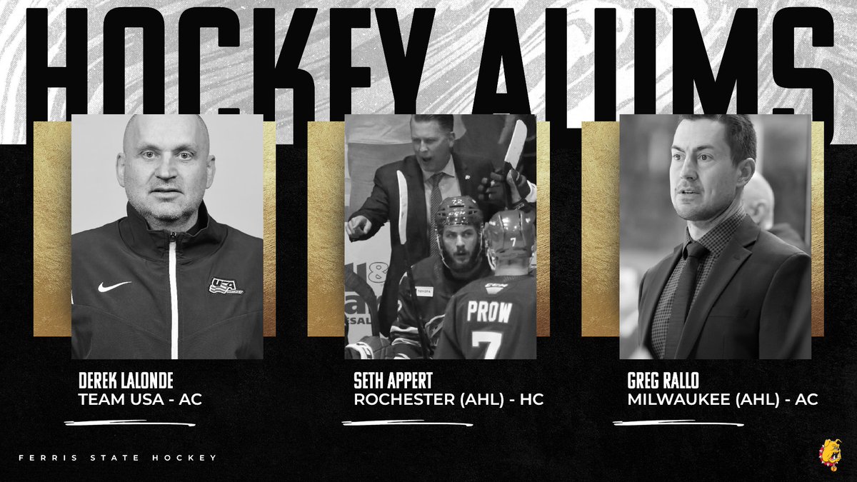 FerrisHockey's tweet image. Bulldog Hockey alums achieving success in pro &amp;amp; international competition this month! 

Derek Lalonde - AC - Team USA - World Champ.

Seth Appert - HC - Rochester Americans - AHL Eastern Finals

Greg Rallo - AC - Milwaukee Admirals - AHL Western Finals

bit.ly/42iltrj