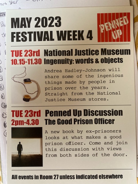 A nourishing day. Thank you, brilliant men @HMPErlestoke for your insightful responses to @JusticeMuseum collection, ingenius ideas, generous making anecdotes. 💛 to @manwithbooks for the  invitation. Bonus joy for meeting @dennehymax @Dee0871 #PennedUp