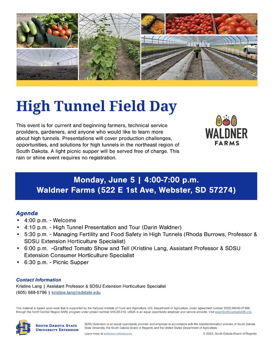 Mark your calendars for June 5th, because you are all invited to High Tunnel Field Day in Webster, SD!!

It’s a FREE event, so please join us rain or shine!!

Details and Directions to <a href="/WaldnerFarm/">Joe Waldner Farm Manager</a> : extension.sdstate.edu/event/high-tun… 

#hightunnels #agriculture #waldnerfarm #sdsuextention