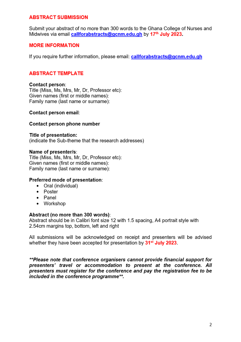 gcnmgh's tweet photo. @gcnmgh is calling for abstracts from interested persons for its 8th AGM &amp; 4th Scientific Conference scheduled to take place from  8th–13th October, 2023.   Submit your abstract of no more than 300 words to  callforabstracts@gcnm.edu.gh by 17th July 2023. Check the flyer for info https://t.co/KbeHY9wNgI