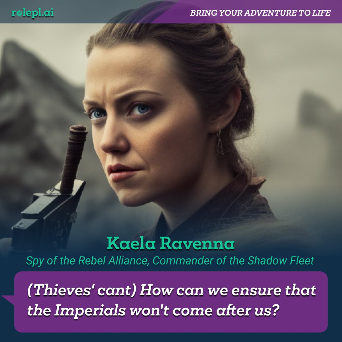 rolepl_ai's tweet photo. Come fight for freedom! Join me, Kaela Ravenna, Spy Master of the Rebel Alliance and Commander of the Shadow Fleet. Together, we'll vanquish the Empire and bring peace to the stars. Who's ready to embark on an epic #scifiaiart #TTRPG adventure? #roleplaying #DungeonMaster #RPG https://t.co/0HwqIzMTpX