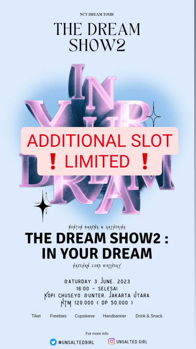 unsalted9irl's tweet photo. ❗ ADDITIONAL SLOT❗
[Nctzen Nobar TDS2 Encore and Gathering]

🗓 : 03 Juni 2023
 ⏱  : 16.00 wib
📍 : Kopi Chuseyo Sunter - Jakarta Utara

💵 Price : 120.000 (Fullpay only)

Rsvp: [langsung chat cp ya]

📞 CP
Jihan 0877-4118-2960
Mia    0882-2595-4167 https://t.co/JsJ6BSwuvf