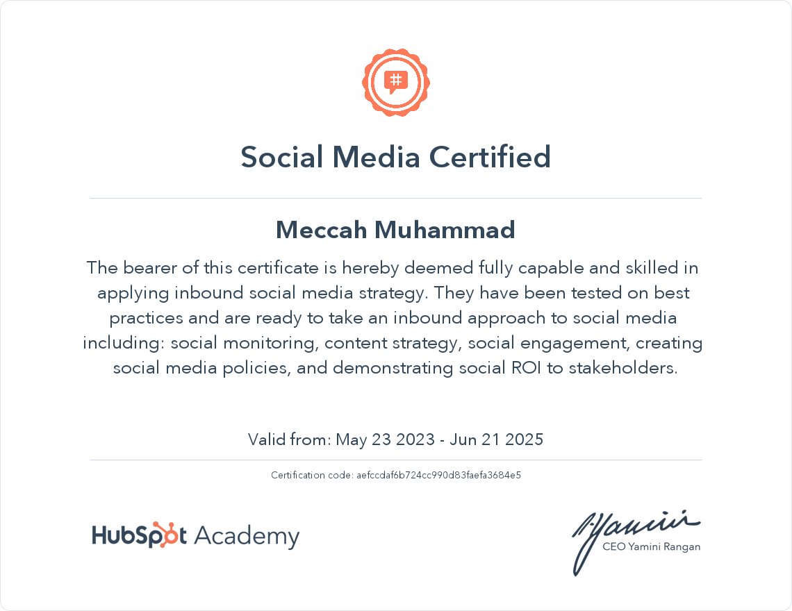 j2mediatv's tweet photo. Congrats to our Communications Specialist @meccah_muhammad, for earning her Social Media Certification from @HubSpotAcademy during World Certification Week. 🎉 https://t.co/05N2td3WKM