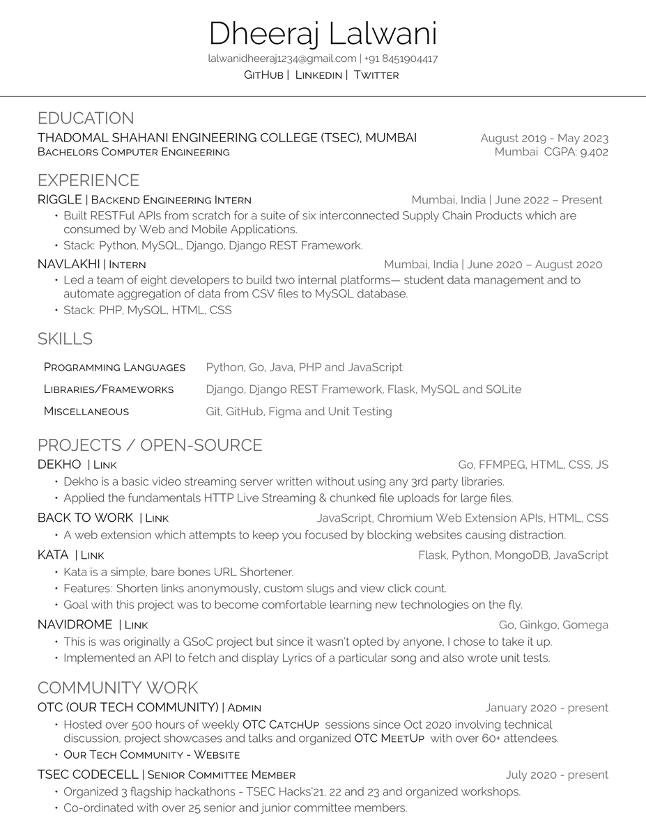 DhiruCodes's tweet photo. Folks, hi there!

I am looking for a full-time backend developer / SDE - 1 role.

If you have any leads/referrals, please send them over.

I have about 1 year of working experience in an early-stage start-up.

Here's one thing about me: I'm awesome.

Here's my resume: https://t.co/83HP7Q5Nih