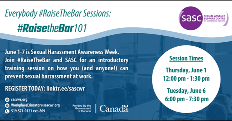 CollegeofMT's tweet photo. #Waterloo Region #RMTs: @SASCWR is offering FREE sexual harassment prevention training sessions for staff and workers in the Region of Waterloo. Session times are June 1, 12 to 1:30 p.m. and June 6, 6 to 7:30 p.m. Register at: https://t.co/g69yrtp6W4 https://t.co/rJd3Oagzqd