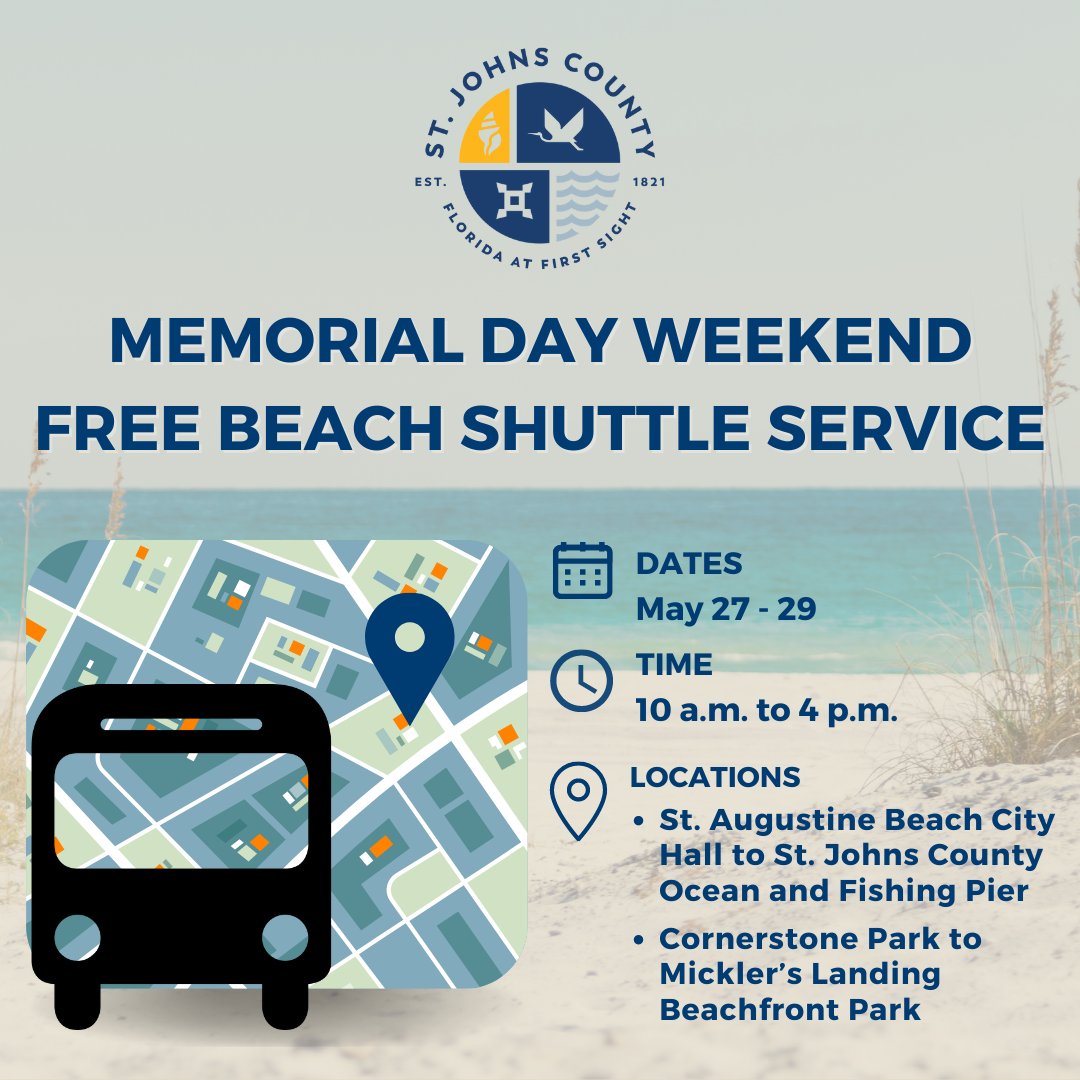 Memorial Day weekend is one of the busiest holiday weekends on St. Johns County’s beaches. To reduce traffic congestion, @SJCBeaches offers two free shuttles. For more info, visit sjcfl.us. 🚍 🏖️ 

#MySJCFL