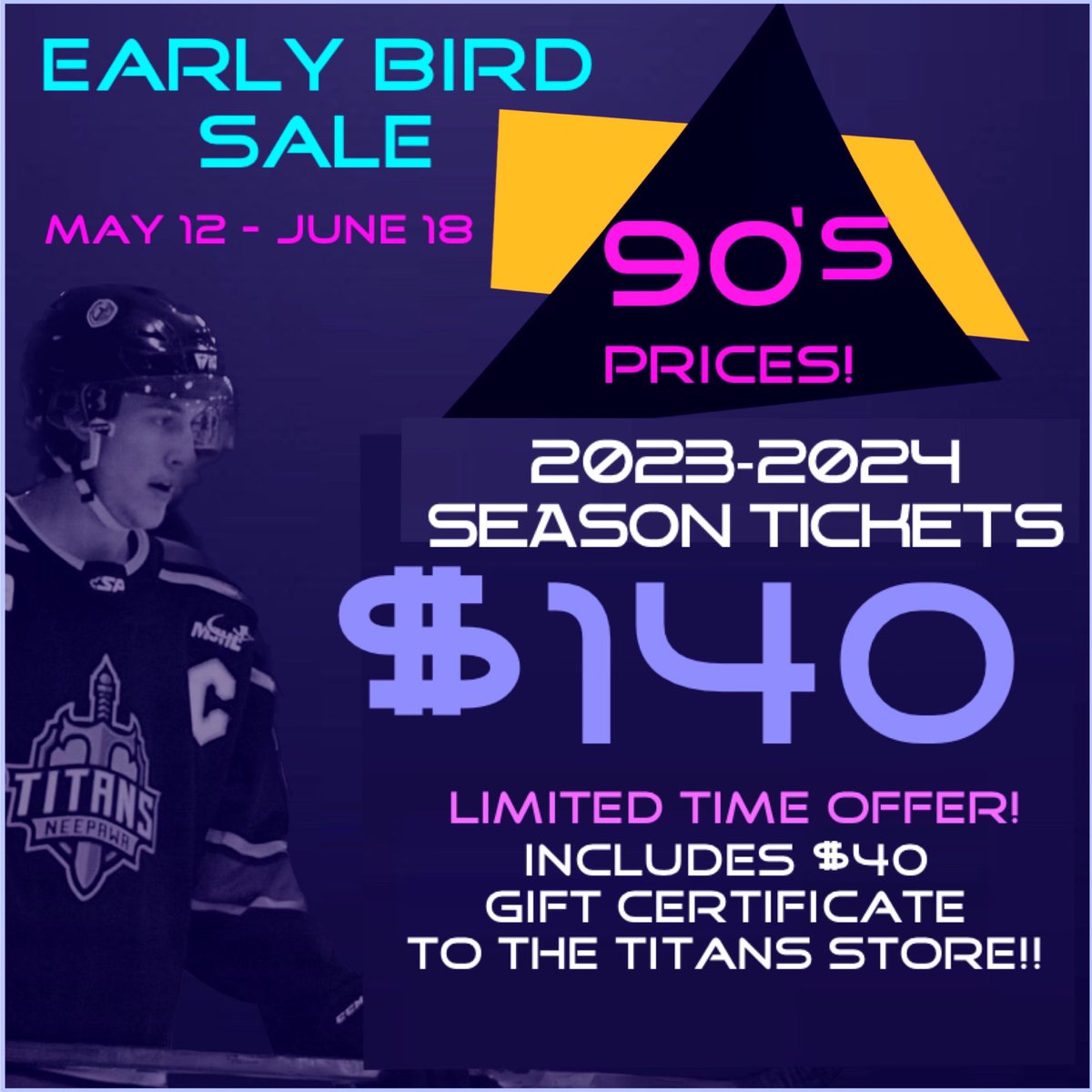 🚨🚨Get your season tickets today,  $140 for 28 home games. 🚨🚨

$140 - $40 gift certificate = $100
$100 + 28 games = $3.57 PER GAME!! 

Head to our website, Facebook and Instagram for more information. 

#TitanUp🛡️🗡️