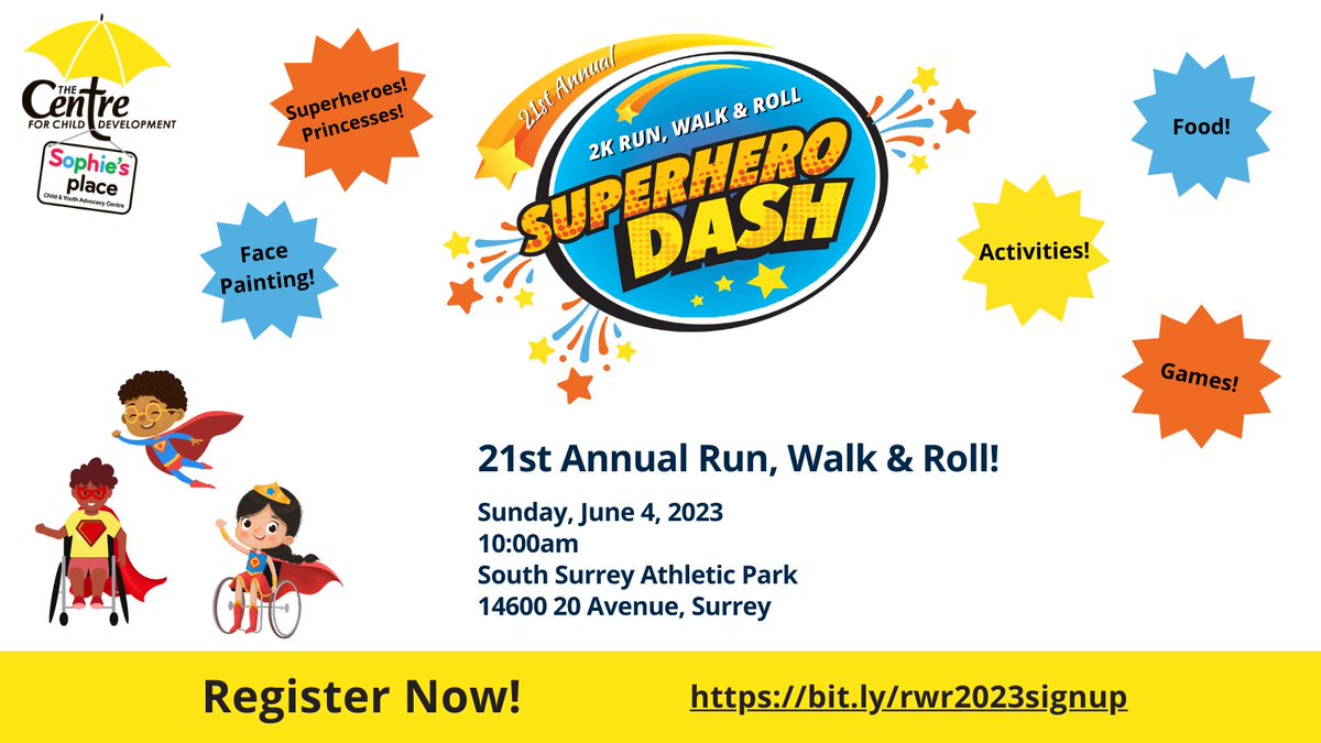 Centreforchild's tweet photo. There's still time- 1 week left to register for our #RunWalkRoll on Sunday June 4! Join us for a fun-filled morning: a 2K dash, face-painting, crafts &amp; other activities, supporting vital services for kids with #specialneeds in our #community. Register now: https://t.co/f2yxgqfKLO https://t.co/PIlYakHnJC