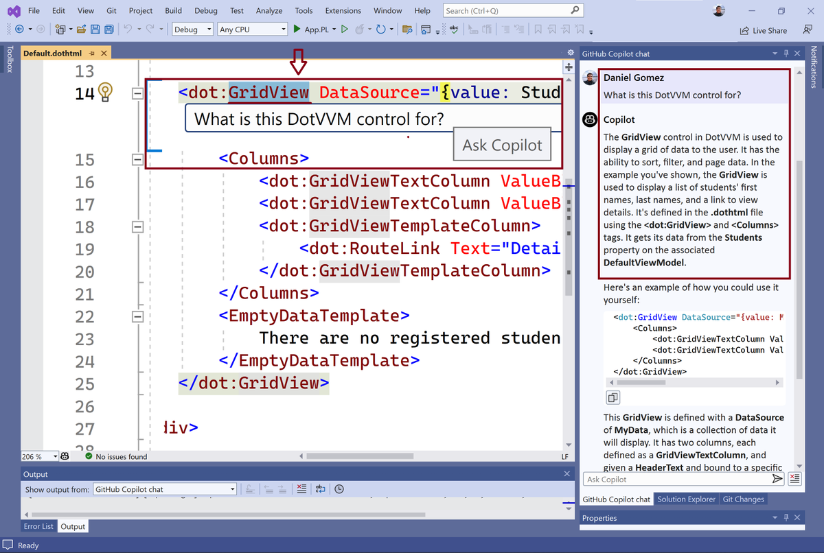 esDanielGomez's tweet photo. 👨‍💻 This is how @GitHub Copilot Chat looks from @VisualStudio! 🙌 In this case to ask about a @DotVVM control...

This will help a lot with our productivity as developers. 

#MSBuild #DotNET #ChatGPT https://t.co/QPFWaVLB4y