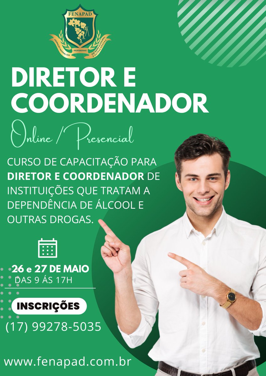 fenapad's tweet photo. Você que trabalha em instituições que tratam a dependência de álcool e outras drogas e quer se aperfeiçoar, venha e faça sua inscrição para nosso curso de diretor e coordenador, garanta já a sua vaga, faça já a sua inscrição no whats (17) 99278-5035. https://t.co/4KuS0as0Vl