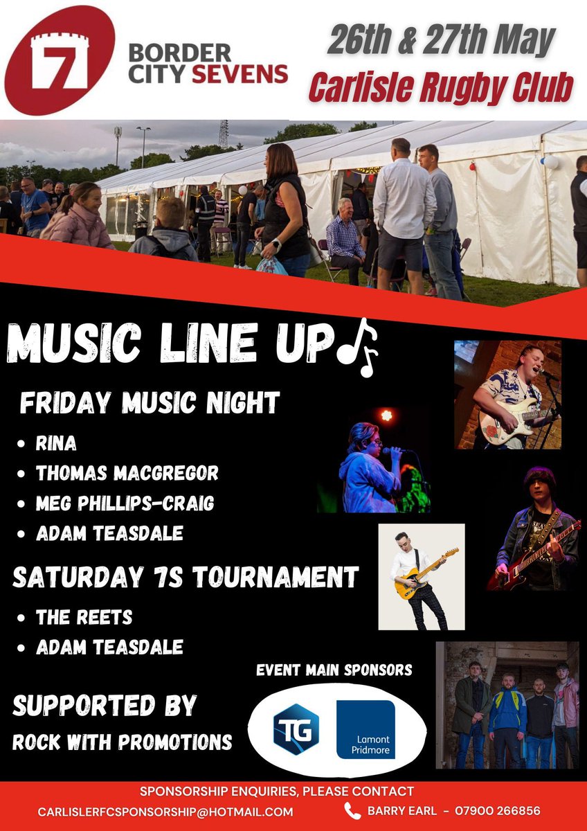 crufc's tweet photo. Just a couple of days left before we kick off our Border City Sevens with our Music night on Friday £2 entry at the gate
 Sevens on Saturday is £15 on the day but you can still get tickets online for £10 using the QR code on the poster https://t.co/1V1nq0Cksg