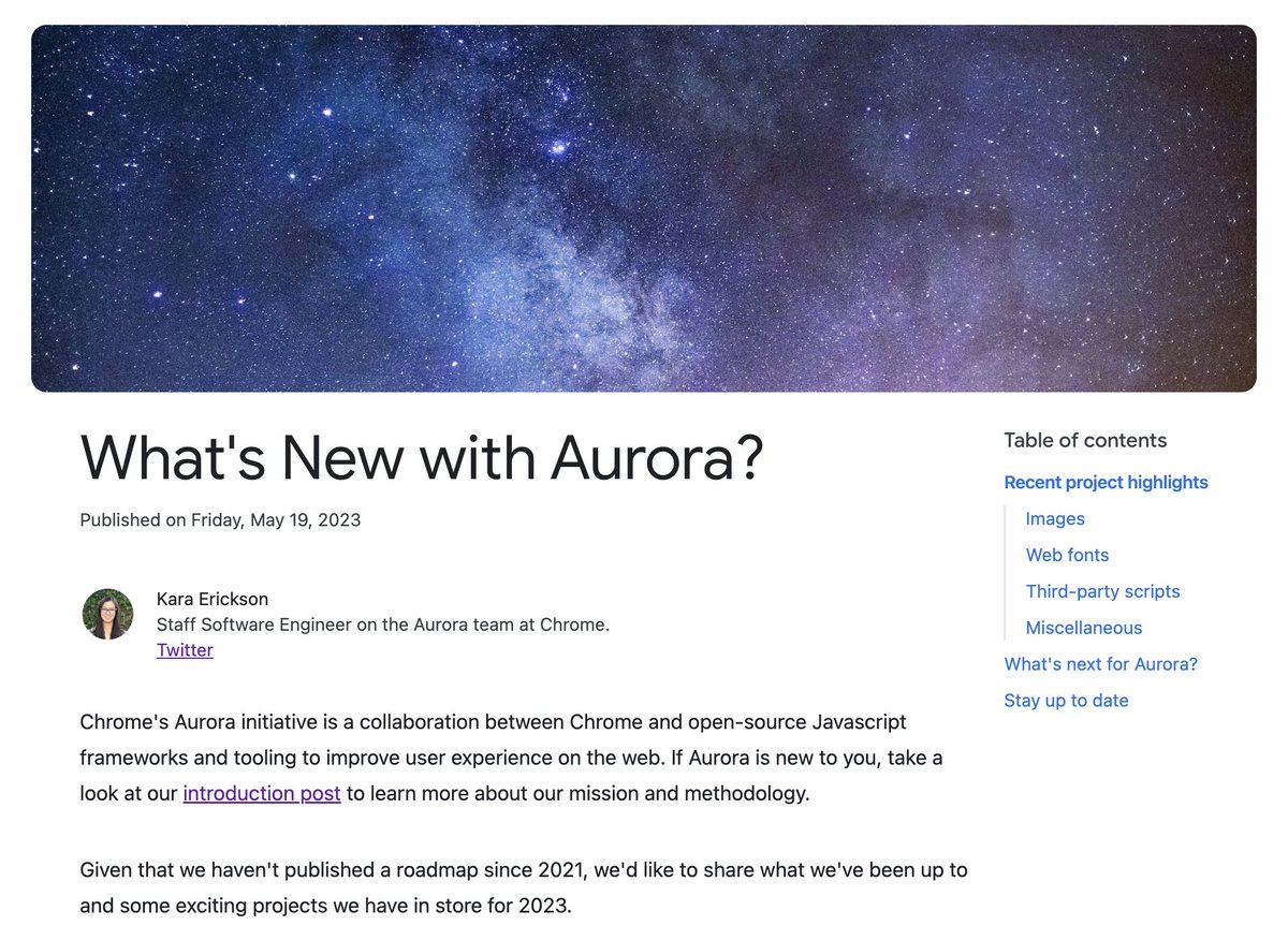 If you're curious what Chrome Aurora will be working on next (and who we'll be working with) in 2023, we just blogged about our recent projects + our upcoming roadmap. Read it here: developer.chrome.com/blog/aurora-up…