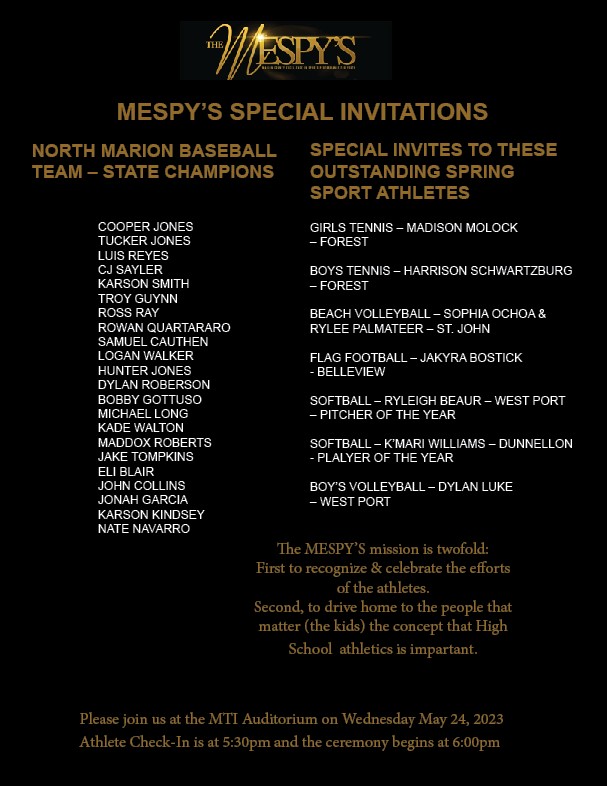 MESPYs (@ysmesp) on Twitter photo Congrats to these Spring athletes on their accomplishments. You are invited to THE MESPYS
Wednesday (tomorrow) at the
MTI AUDITORIUM 1614 E. Ft. King Street. Check in: 5:30 PM... DRESS TO IMPRESS.
<a href="/nmcolt13/">Dale Hall</a> <a href="/FHS_Athletics1/">FHS Wildcat Athletics</a> <a href="/WestPortHigh/">West Port High</a> <a href="/TCHSCeltics/">Trinity Catholic HS</a> <a href="/RattlersBhs/">BHSRattlers</a> <a href="/DunnellonHigh/">Dunnellon High</a> Congrats to these Spring athletes on their accomplishments. You are invited to THE MESPYS
Wednesday (tomorrow) at the
MTI AUDITORIUM 1614 E. Ft. King Street. Check in: 5:30 PM... DRESS TO IMPRESS.
<a href="/nmcolt13/">Dale Hall</a> <a href="/FHS_Athletics1/">FHS Wildcat Athletics</a> <a href="/WestPortHigh/">West Port High</a> <a href="/TCHSCeltics/">Trinity Catholic HS</a> <a href="/RattlersBhs/">BHSRattlers</a> <a href="/DunnellonHigh/">Dunnellon High</a>