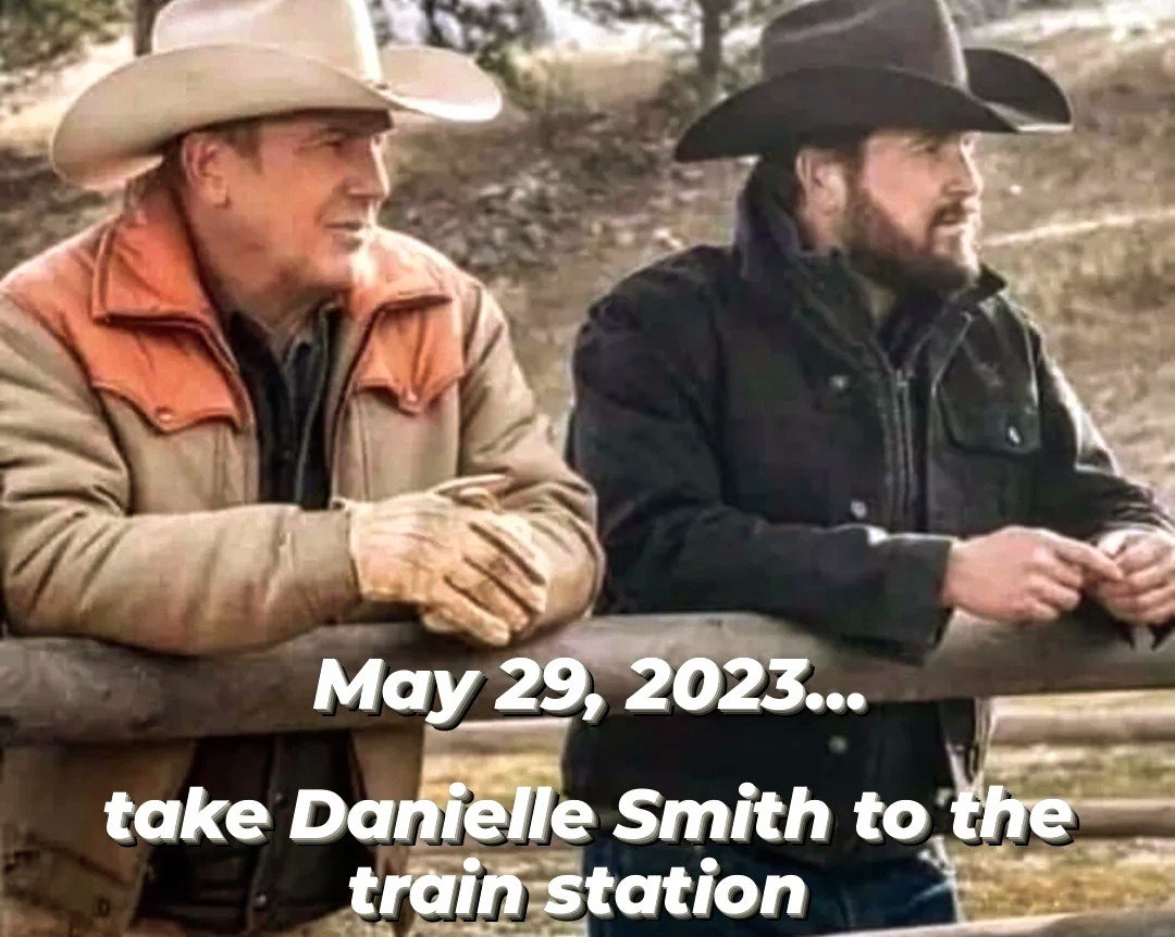 MissVolkov's tweet photo. Don't forget! Let's #taketheucptothetrainstation #abpoli #takedaniellesmithtothetrainstation #ripwoulddisapproveofher #AlbertaElection2023 #daniellesmith https://t.co/UGDf6XuPop