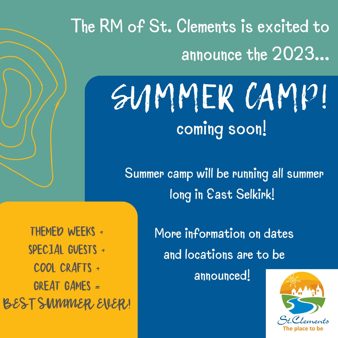 RMofStClements's tweet photo. The 2023 Summer Camp is in the works! ☀️
We are so excited to offer another summer of fun.
Keep your eye out for more information on themes and registration.
#stclements #summercamp #manitobasummer #MB #recreation https://t.co/w8b9wECpDU