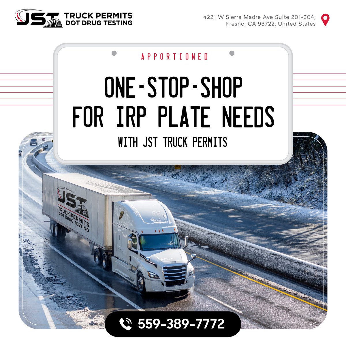 JstTruck's tweet image. Streamline your IRP plate process with JST Truck Permits. We provide comprehensive services, ensuring your trucking fleet remains compliant across jurisdictions.
Call now at 559-389-7772
jsttruckpermits.com
Email: jst1@isttruckpermits.com
#FastPermits #TruckingSolutions