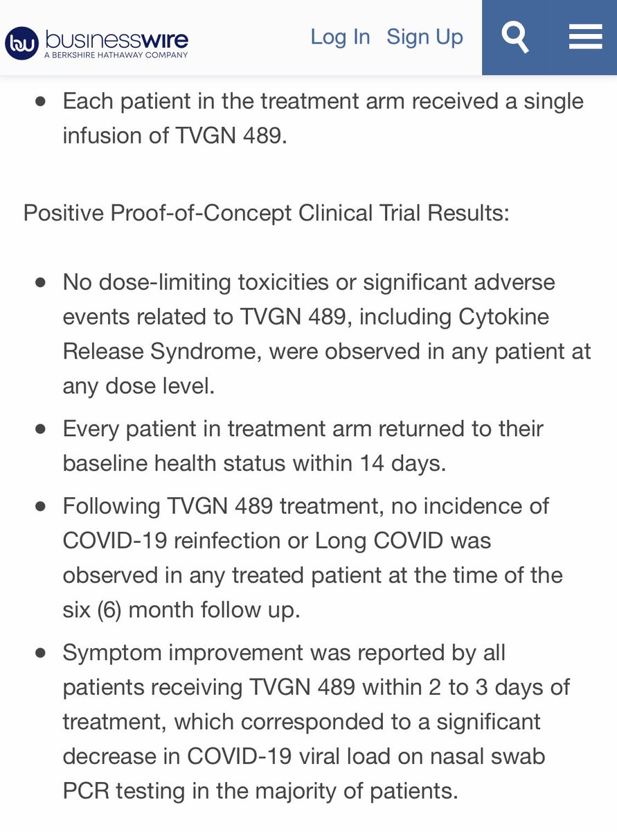 This trial seems extremely promising. All COVID-19 patients in the treatment arm returned to baseline health status within 14 days after single infusion of TVGN 489. No Long COVID at 6 month follow up.