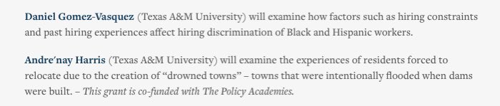 danilaserra_eco's tweet photo. Super excited for the official news! 

My student Daniel @DGomezV_Econ @TAMUArtSci was awarded a @RussellSageFdn Dissertation Grant for his ongoing work on discrimination against Black &amp; Hispanic workers. 

Lovely to see @AndrenayHarris just below him🎉🎉

https://t.co/D0gxMqRAW8 https://t.co/jmyxML8HQ7