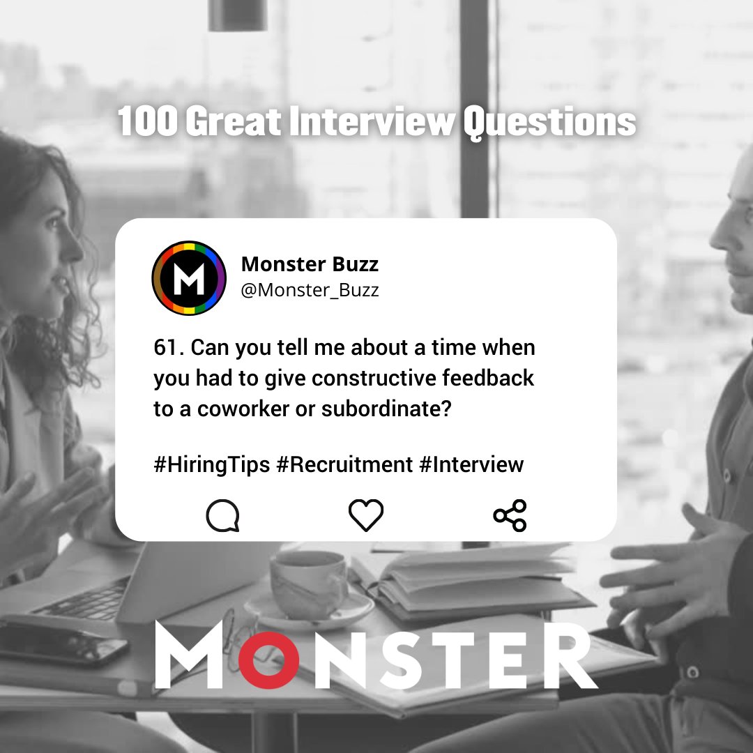 Monster_Buzz's tweet image. 61. Can you tell me about a time when you had to give constructive feedback to a coworker or subordinate?  

These interview questions will assess a candidate&apos;s problem-solving skills  monster.co.uk/advertise-a-jo… #hiringcriteria #employerreputation #interviewquestionsandanswers