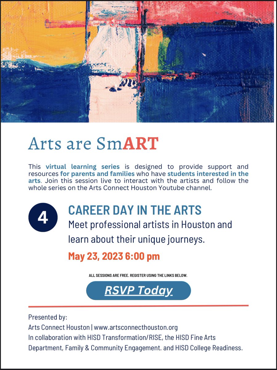 Arts are SmART, a virtual workshop on May 23, at 6 pm is designed to provide support and resources for parents and families who have students interested in the arts. eventbrite.com/e/arts-are-sma…