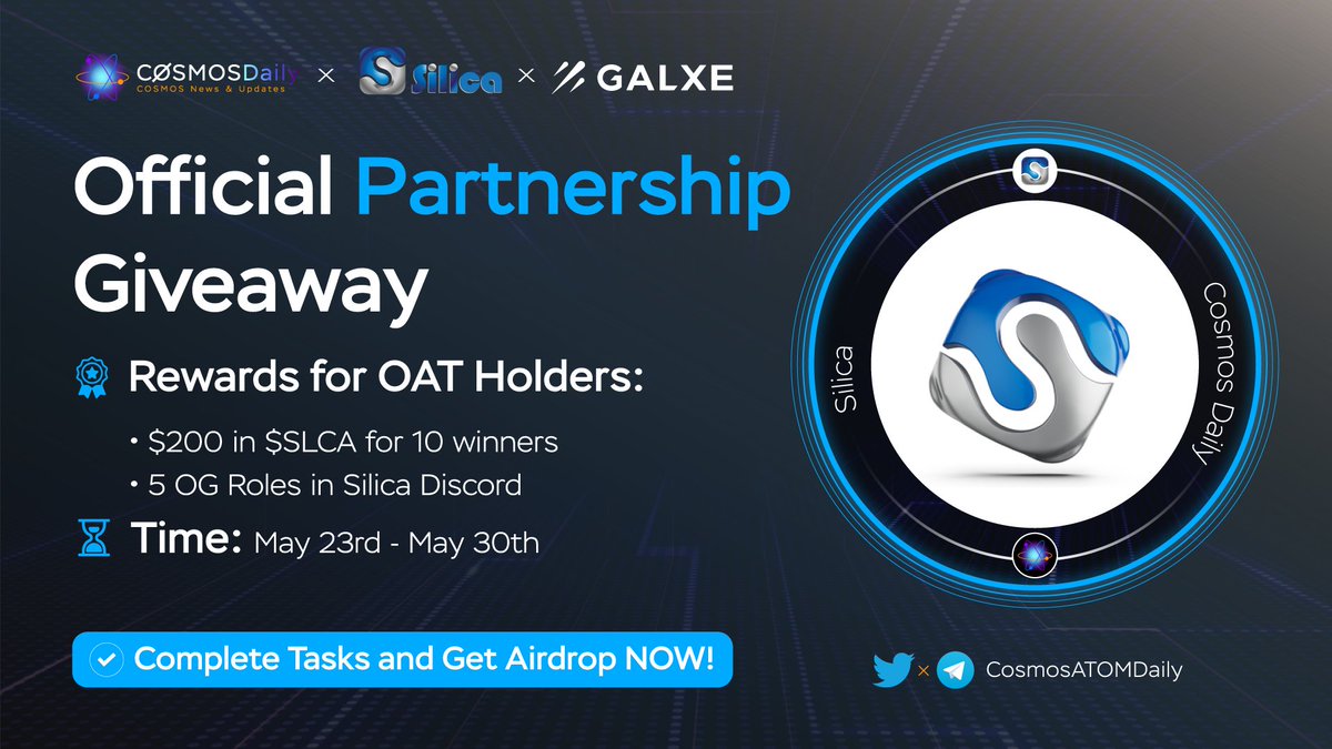 Bera_Daily's tweet image. 📢 @CosmosATOMDaily Partnership @SilicaCrypto #Giveaway 🚀 

▶️ Claim your #OAT here: galxe.com/cosmosdaily/ca…

OAT holders will have a chance to win👇
🎁Prize:
💠 $200 in $SLCA
💠 5 OG Roles in #Silica Discord

Complete Tasks &amp;amp; Get #Airdrop NOW!

#Cosmonauts
#Cosmos #Juno