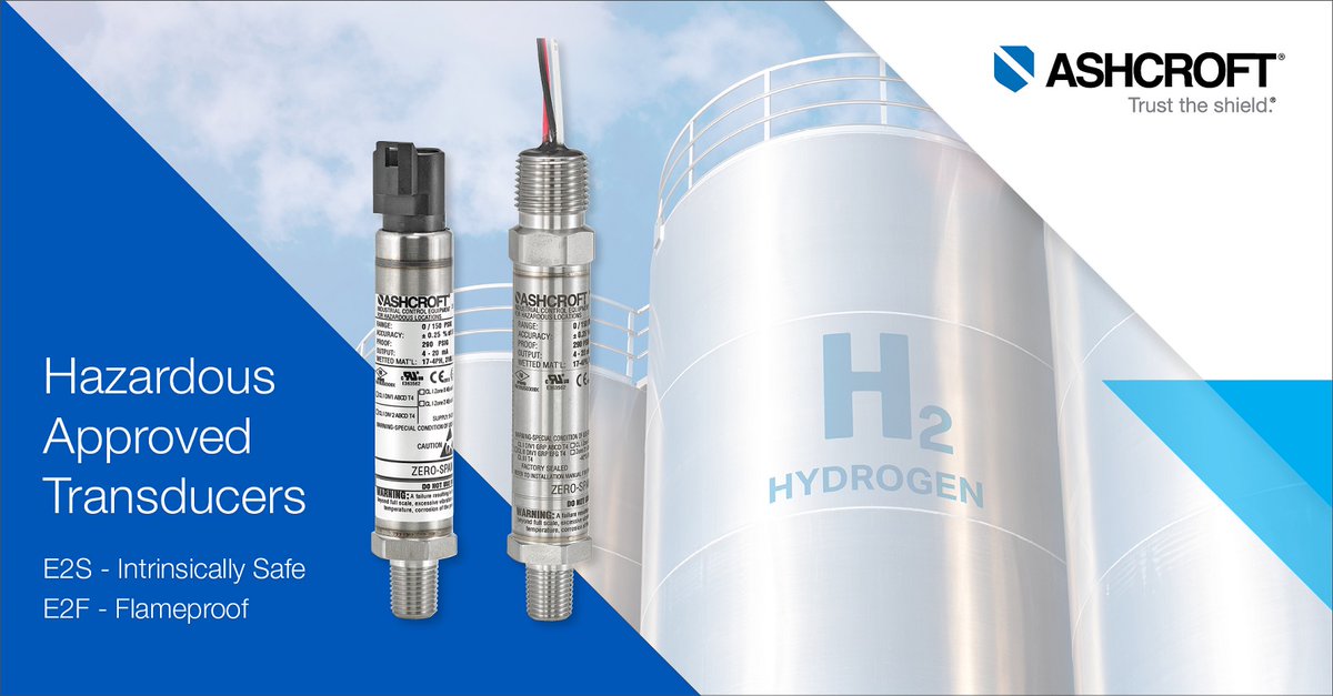 Ashcroft_Inc's tweet photo. E2 pressure transducers designed to meet strict hazardous location requirements. E2F(flameproof/explosion-proof), E2S (intrinsically safe/nonincendive) & E2X (flameproof/intrinsically safe/nonincendive) carry FM, ATEX & IECEx approvals. Designed for hydrogen fuel cell & more. https://t.co/SGgPQkt4V6