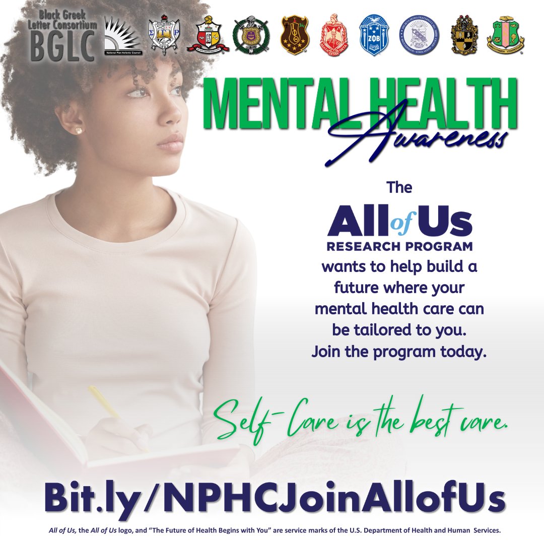The All of Us Research Program wants to help build a future where your mental health care can be tailored to you. Learn more about the program today at bit.ly/NPHCJoinAllofUs

#joinallofus #bglc #sigmagammarho #medicalresearch #blackmentalhealth #mentalhealthawareness