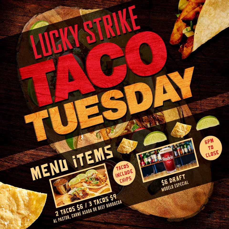 Tuesdays at Lucky Strike Bellevue are #TacoTuesday 2X Tacos for $6 and live Latin music with DJ Brayner!