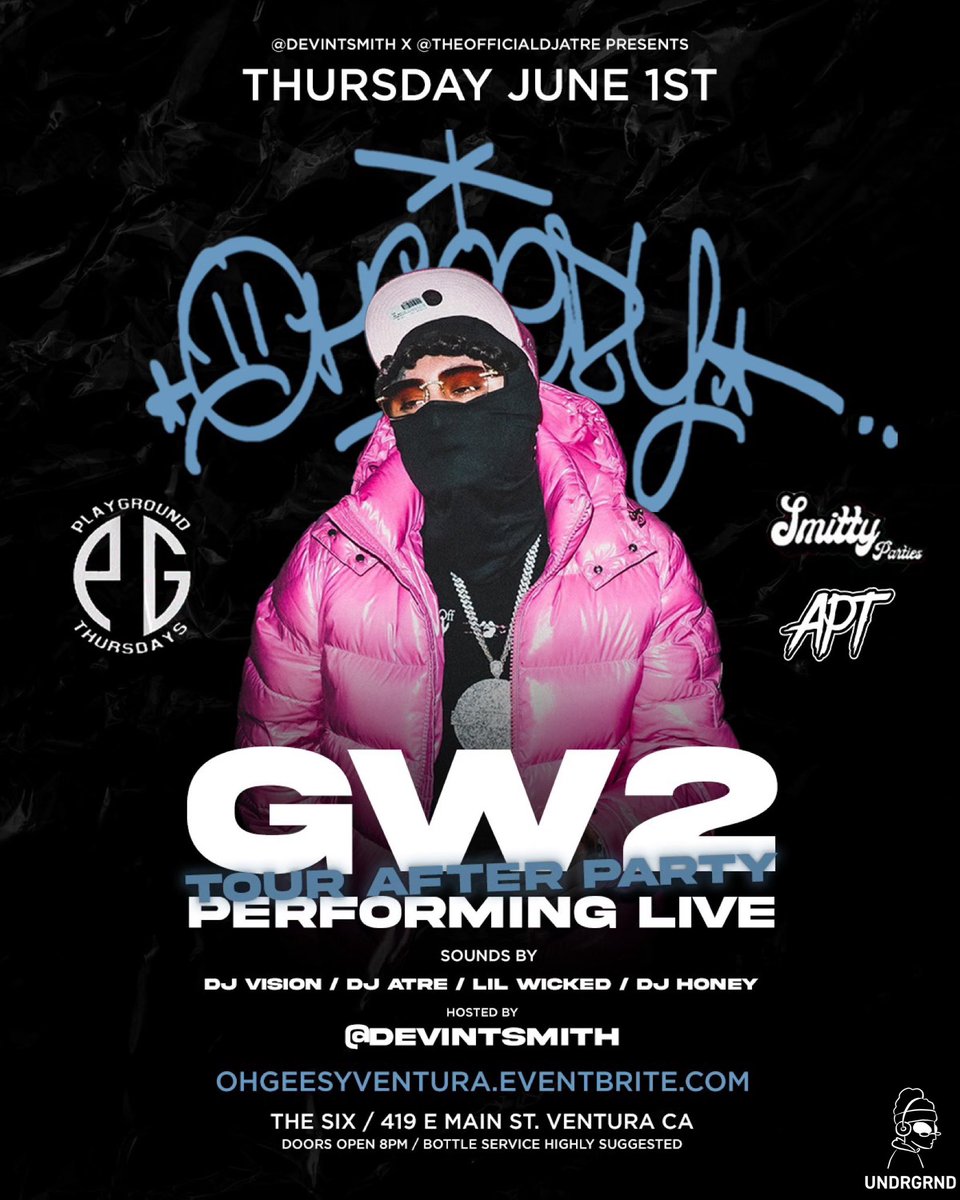 <a href="/OHGEESY/">OHGEESY</a> “Official After Party” performing Live + FRIENDS. Don’t sleep. 💤 42 remain for $25 &amp; over 100 tickets 🎫 gone in 2 days. 💯👀 

ohgeesyventura.eventbrite.com