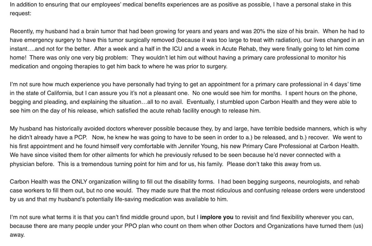 anothercohen's tweet image. Despite our best efforts to negotiate with Anthem, they continue to deny us at Carbon Health a fair reimbursement for our services.

The worst part is how many patients' healthcare this negatively impacts.

Sharing an email from one of our patients (with permission)