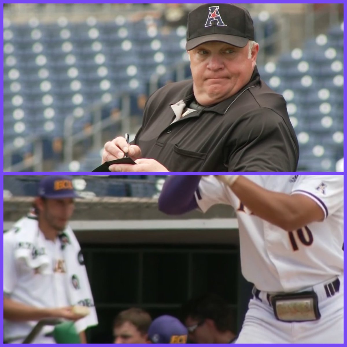 PR927FM's tweet photo. 🏴‍☠️🌭 ECU Baseball’s Josh Grosz ejected from the first round AAC Tournament game vs USF for giving Jacob Starling a hot dog on the field after his first inning home run. https://t.co/4gT0nJXFXa