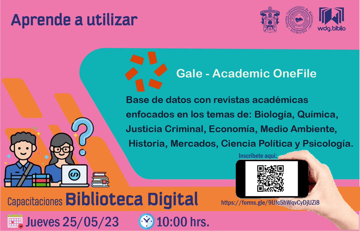wdg_biblio's tweet photo. Te invitamos a participar en la capacitación de la herramienta Gale Academic OneFile. Recurso disponible.
📆  Jueves 25/05/2023
⏰   10:00 horas
🔴 Transmisión EN VIVO vía Facebook, Twitter y Youtube, registro en:
https://t.co/cnVkdZp9ll
Ó en el código QR. https://t.co/yQicuJOu01