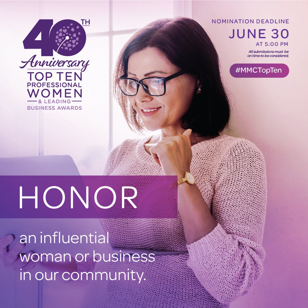 Nominate a professional woman or a leading business making a positive impact in the community for our 40th #MMCTopTen2023 Award! 

Click here to nominate: mmcenter.org/top-ten 

#MMCTopTen #ProfessionalWomen #LeadingBusiness #Awards #nominate