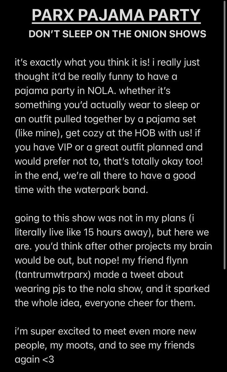 YOU’RE INVITED TO THE PARX PAJAMA PARTY IN NEW ORLEANS ON 6/4‼️

(hey @waterparks, you’re invited to wear yours too)

⭐️🔴