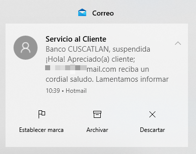 CharsXm's tweet photo. Más correo de #phishing 🥸
Esta vez simulando un email de Banco Cuscatlán notificando la suspensión de la cuenta.
Personalmente prefiero no abrir estos correos, verificando la dirección del remitente.

En la primera imagen se observa la dirección del remitente impostor. https://t.co/FVMMF9vq2a