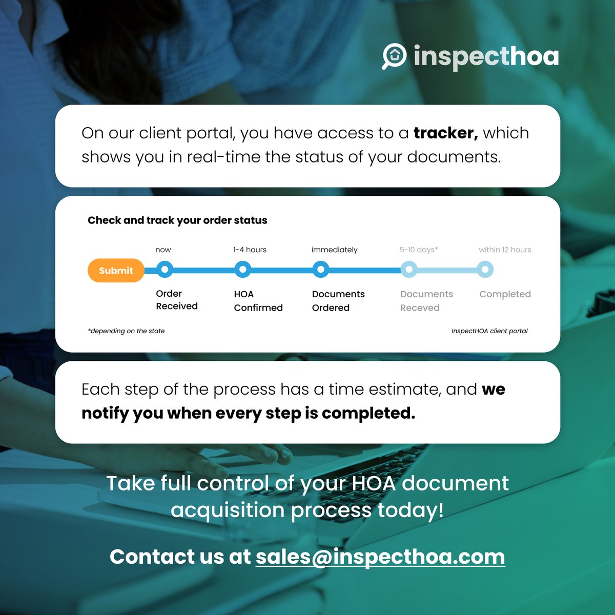 WeAreRexera's tweet image. With InspectHOA, you can check the status of your HOA documents at any time. If you have any questions, we guarantee a 30-minute initial response and 2-hour resolution timelines🤝

#hoa #hoadocuments #faq #customersuccess