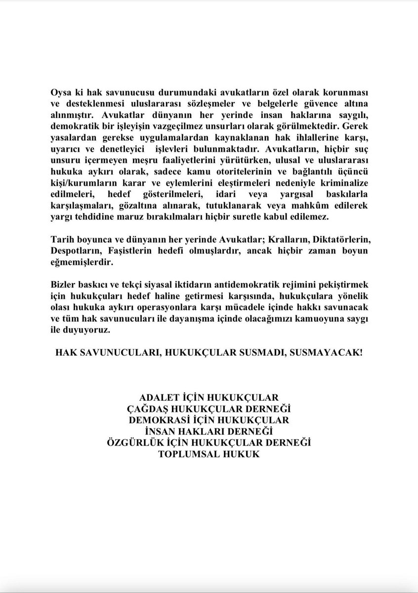 Süleyman Soylu’nun avukatlık mesleğini suçlayan açıklamalarına karşı ortak yazılı açıklamamız: