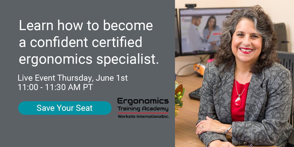 ErgoAli's tweet photo. Join me for our first jam-packed open house on June 1st to learn how becoming a certified ergonomics specialist can advance your career. Sign up today! >> https://t.co/Y2vES3yv9r #ergonomics #workplacewellness #healthandsafety https://t.co/OfCEWaTj0H