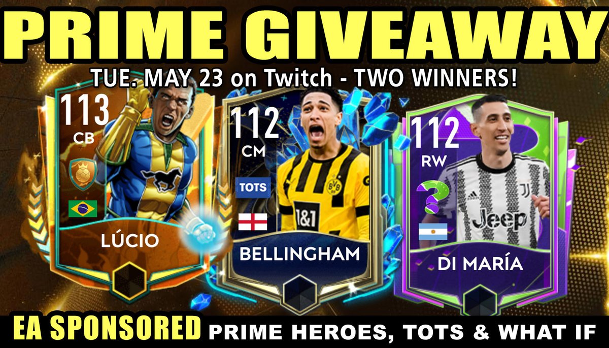 FinallyHeSleeps's tweet photo. FIFA MOBILE GIVEAWAY! 

Winner's choice of:
-113 Hero Lucio 
-112 TOTS Bellingham 
-112 What If Di Maria

Tue May 23 at reset
https://t.co/lT4fWlEs5f

Must be present to get your name on the wheel 

- follow here &amp; @EAFIFAMOBILE (thank you!!)
- RT &amp; Like
- who would you choose? https://t.co/EsZh6ZeMSy